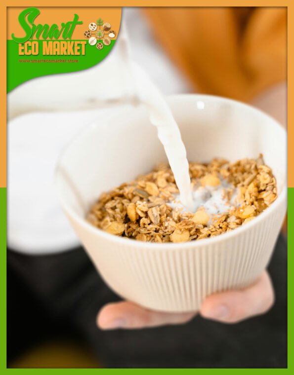Desayuno de Granola Premium con Almendras y leche.