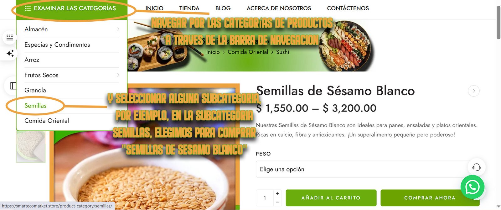 Imagen sobre cómo navegar por categorías y subcategorías en nuestra tienda Smart Eco Market. Imagen sobre cómo navegar por categorías y subcategorías en nuestra tienda Smart Eco Market.