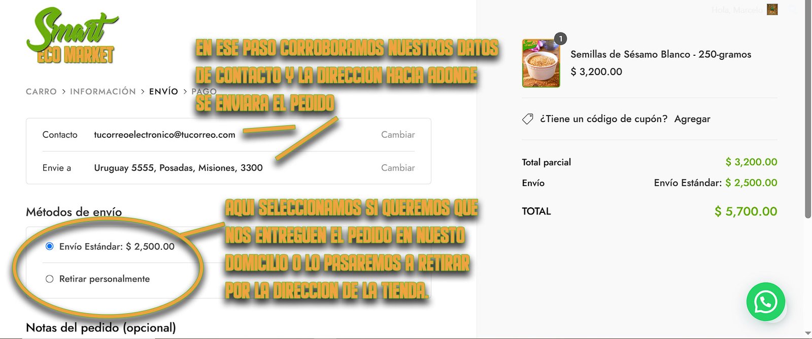 Seleccionando el tipo de envío (a Domicilio o Retirada por el Local) en nuestra tienda online Smart Eco Market. Seleccionando el tipo de envío (a Domicilio o Retirada por el Local) en nuestra tienda online Smart Eco Market.